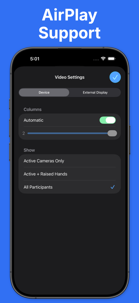 Participant 3rd Party Zoom App - Video settings interface for AirPlay and external display support in the Participant app
