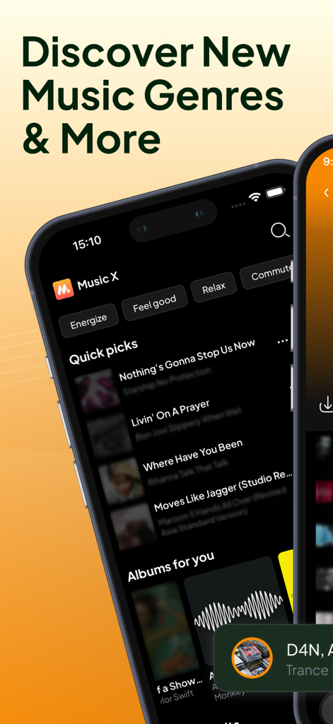 Interface de l'application Music X montrant les catégories de genres musicaux et les listes de chansons à sélection rapide en mode sombre.