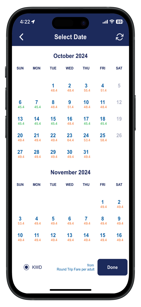 Kuwait Airways - Kuwait Airways app interface showing a calendar with daily flight prices for October and November 2024 in KWD.
