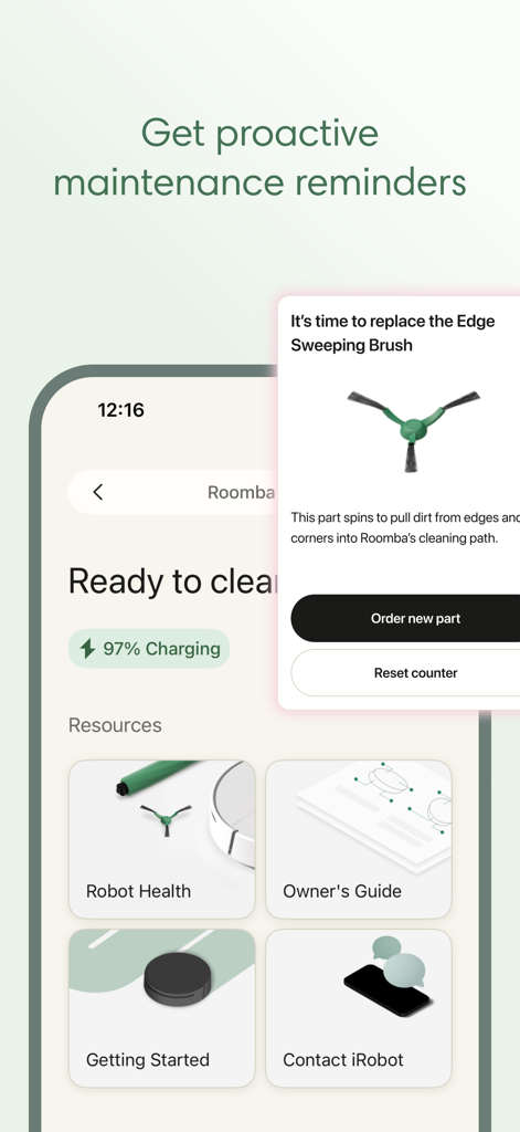 Roomba Home - Roomba Home app proactive maintenance reminder for replacing the edge sweeping brush