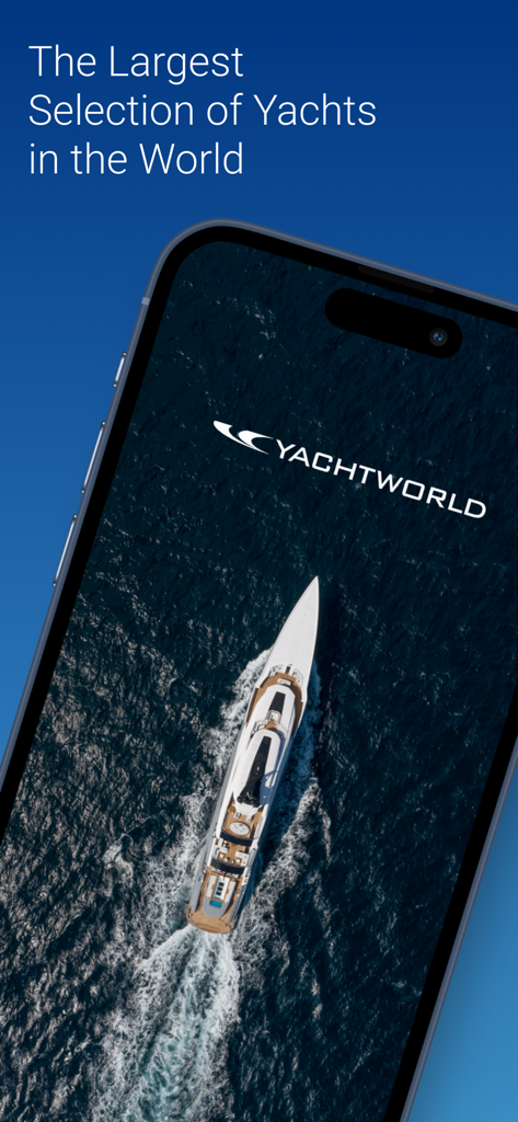 Schermata dell'app YachtWorld con uno yacht di lusso che naviga sull'oceano