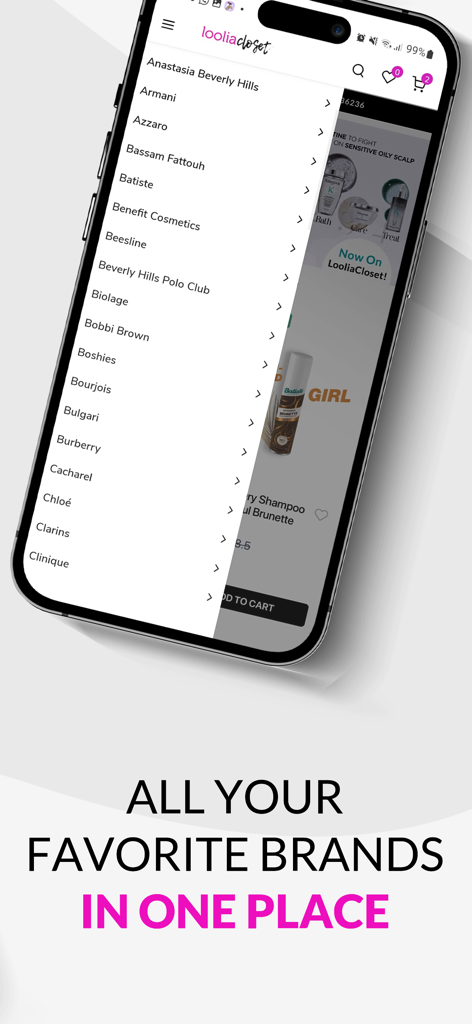 Loolia Closet - A mobile app screen showing a list of top beauty brands available on Loolia Closet