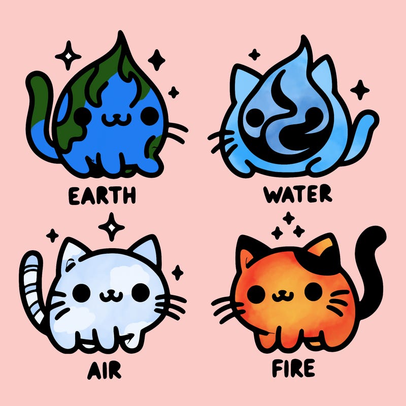 4 cats that represent the different elements, earth, water, air, and fire