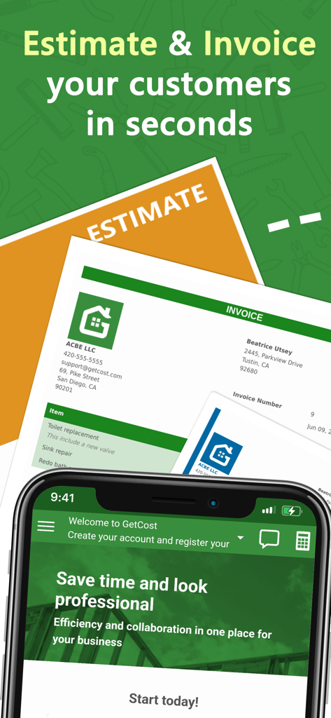 Mobile phone screen displaying GetCost app for creating professional estimates and invoices.