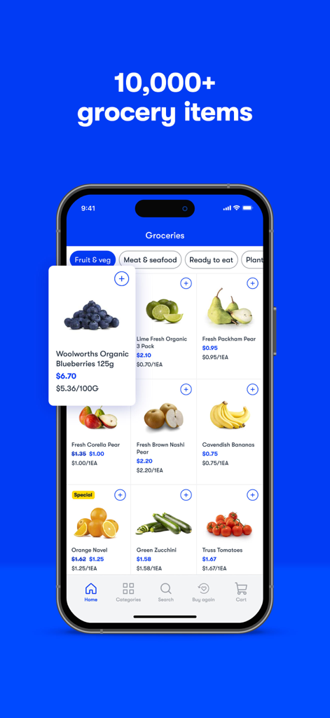 MILKRUN app interface showing fresh produce and grocery items available for delivery.