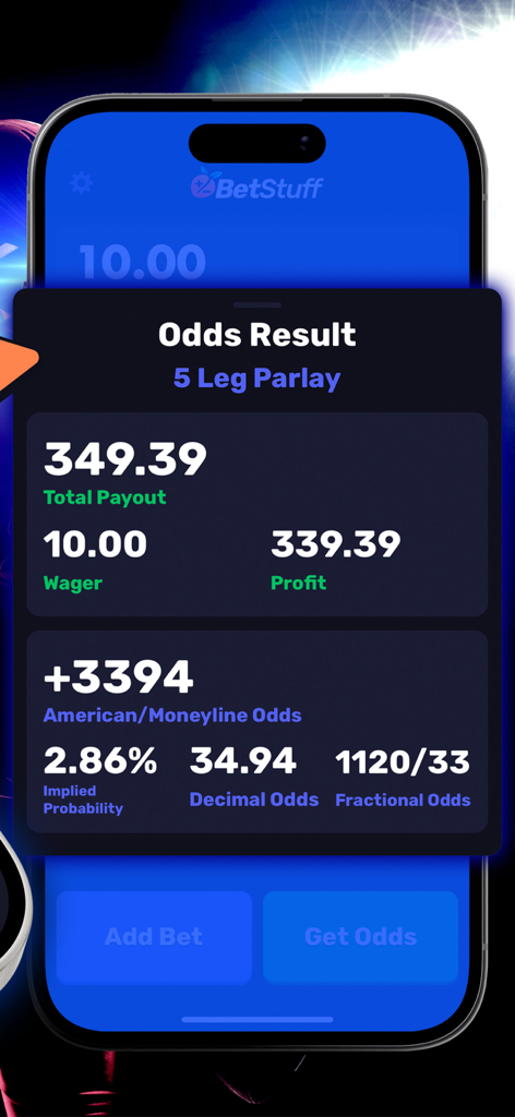 Bet Stuff ▶▶ Odds Calculator - Bet Stuff app screen showing a 5 leg parlay payout and odds conversion calculation