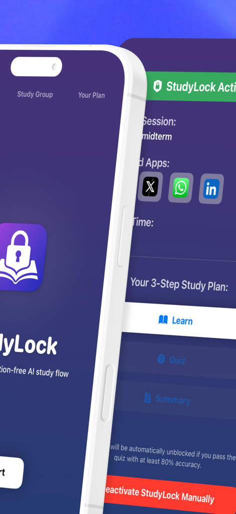 StudyLock: Block Distractions - StudyLock app interface showing blocked social media apps and a three step study plan to unlock them