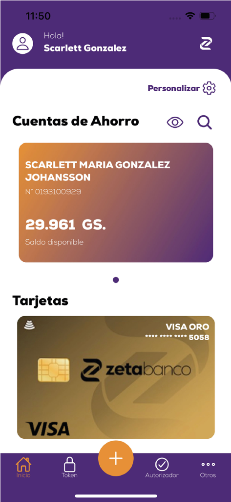 Zeta - 저축 계좌 잔액과 골드 신용카드를 보여주는 Zeta 은행 앱 대시보드