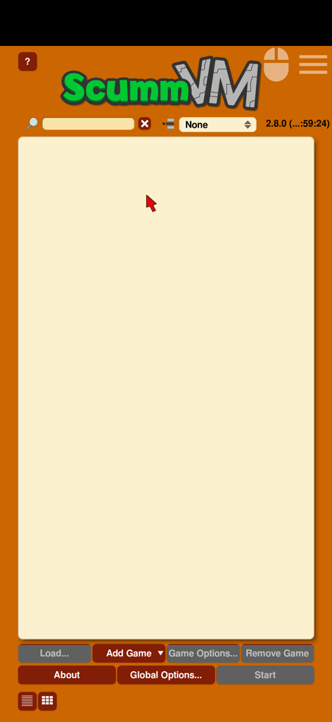 Il menu principale dell'app mobile ScummVM per giochi d'avventura retrò