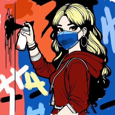 realistic girl with mask spray painting a wall