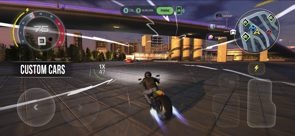 Turbo Tornado: Open World Race - A motorcycle racing through a rainy open world city environment in Turbo Tornado.