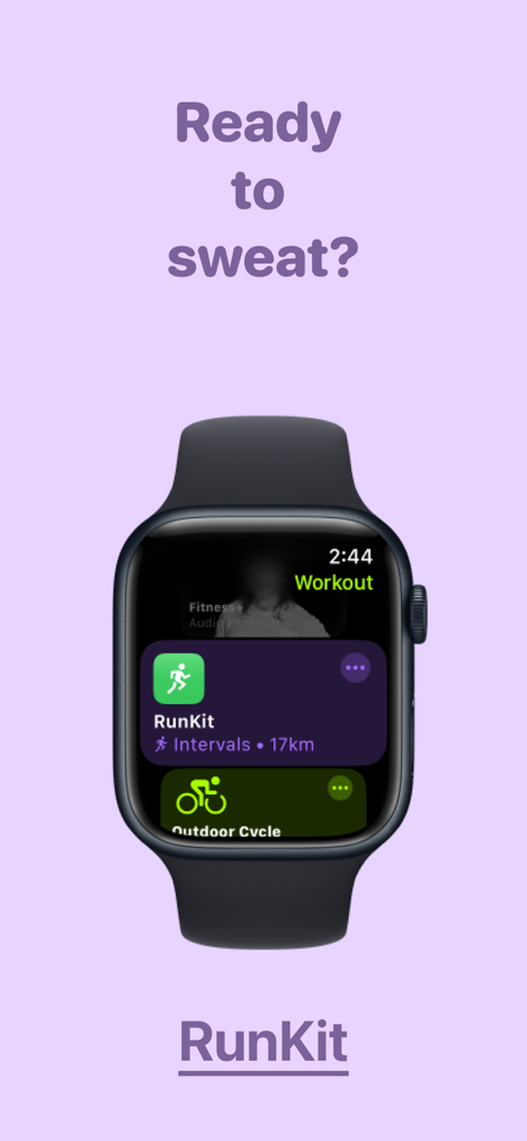 Aplicación RunKit en un Apple Watch mostrando entrenamientos por intervalos programados y ciclismo al aire libre.