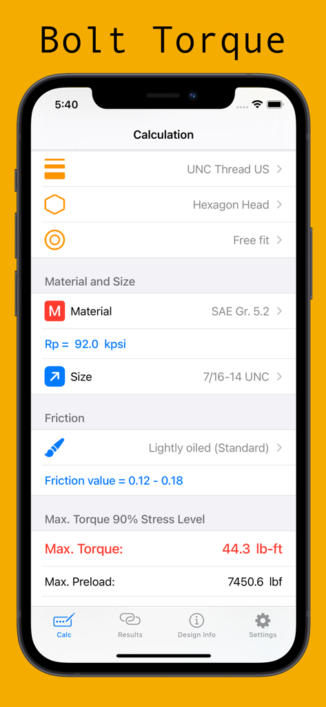 Bolt Torque - Interface of the Bolt Torque app showing detailed calculations for screw tightening torque and preload