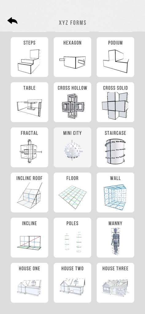 Zolly - Perspective Models - Eine Auswahl an 3D-Primitiv- und komplexen Modellen für die Perspektivzeichnung im Zolly-App-Menü.