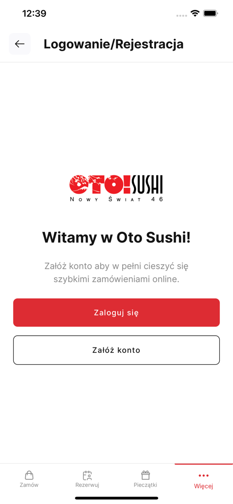 Der Anmelde- und Registrierungsbildschirm für die OTO!Sushi Mobile App mit Willkommens-Text und Anmelde-Schaltflächen