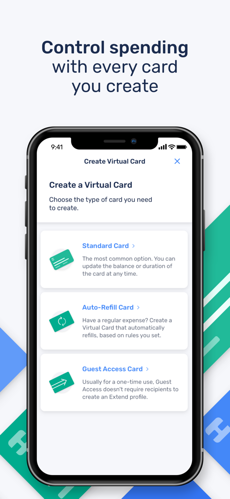 Extend app interface showing options to create standard, auto-refill, and guest access virtual cards for business spending control