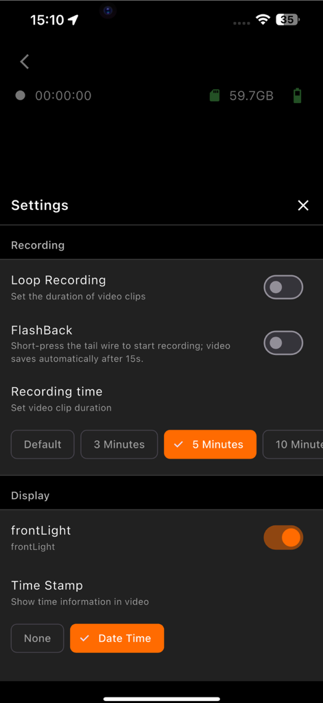 RunCam App - RunCam App settings menu showing options for loop recording, recording time, and display time stamps.
