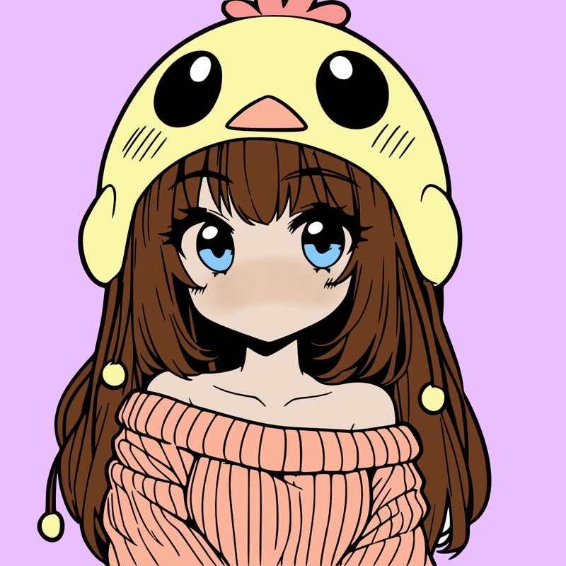 anime girl with chick shaped hat with sweater with bare shoulders with bangs covering them one eye with low tail