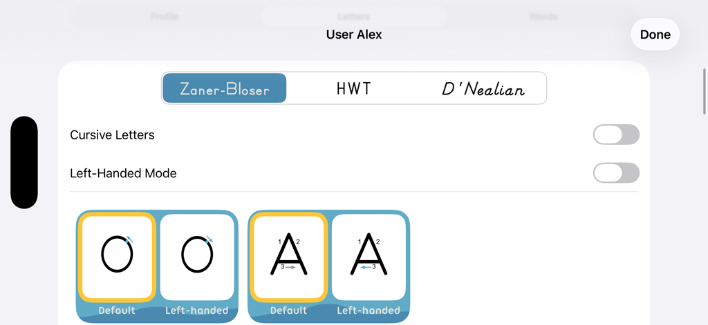 iTrace for Schools - Tela de configurações do iTrace para Escolas mostrando opções para estilos de fonte e modo de traçado para canhotos