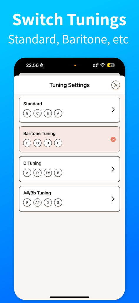 Ukulele Tuner - TuneGuide - Interfaz de la app Ukulele Tuner TuneGuide que muestra múltiples opciones de afinación como Barítono Estándar y afinación D