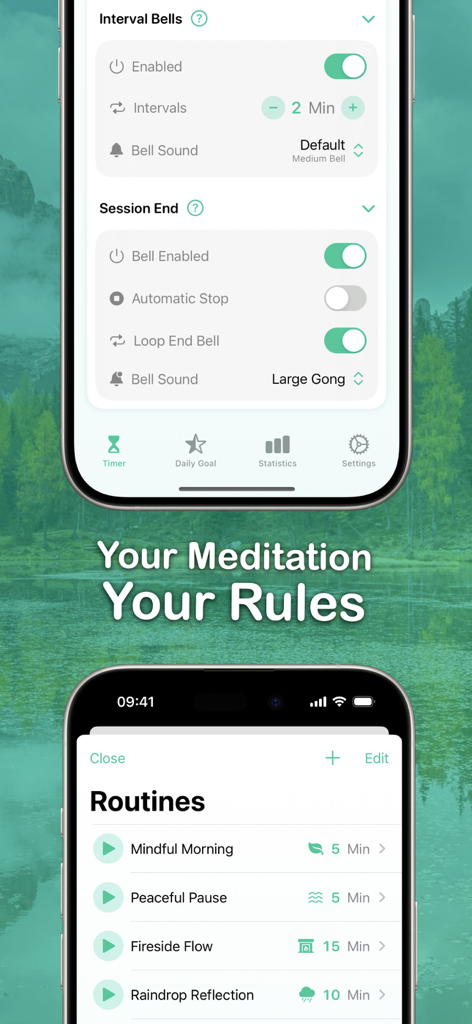 Meditation Timer - Zenitizer - Dos pantallas de iPhone que muestran la configuración de la aplicación Zenitizer para campanas de intervalo y una lista de rutinas de meditación con el texto Tu Meditación Tus Reglas.