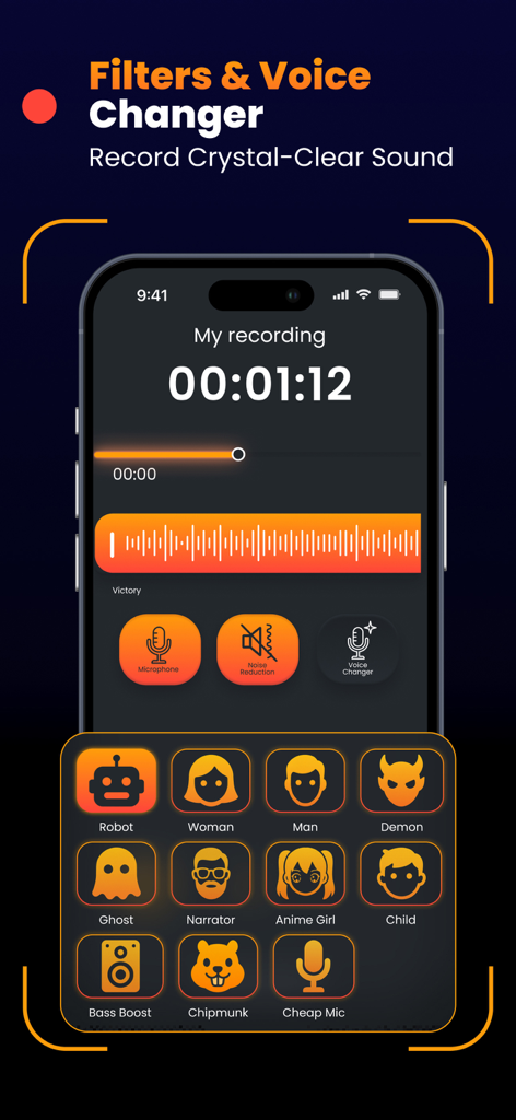 Screen Recorder - Video, Games - Mobile app interface showing screen recording audio filters and voice changer options