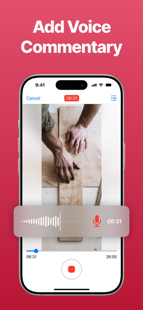 iPhone screen showing the screen recorder app interface with an active voice commentary recording and audio waveform