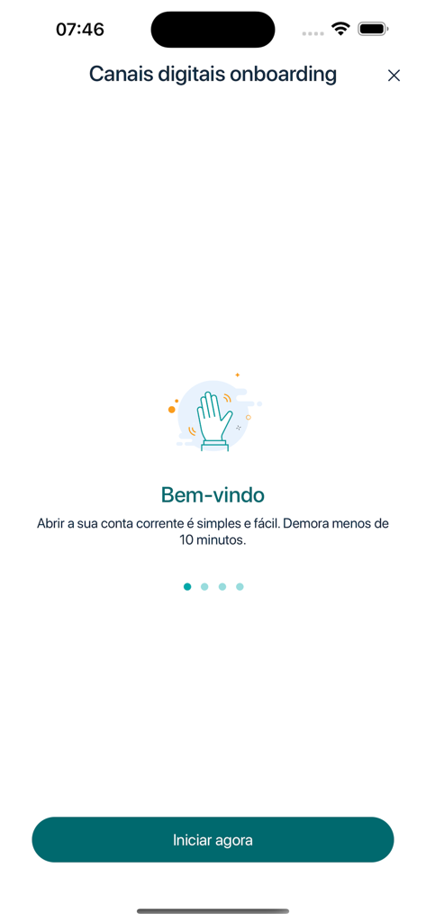Écran de bienvenue de l'application FNB ON Mozambique montrant le processus d'intégration pour l'ouverture d'un compte courant en moins de 10 minutes