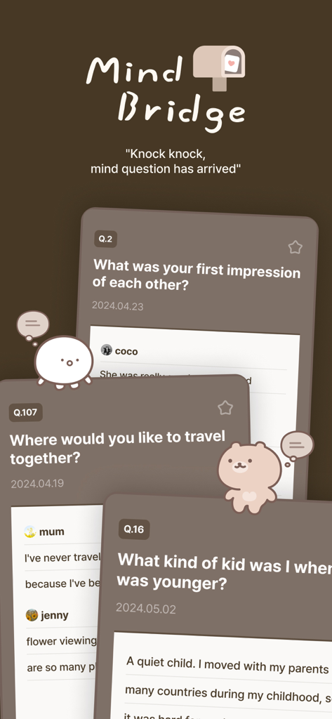MindBridge - Mind Q&A, Diary - Interfaz de la app MindBridge que muestra preguntas diarias de journaling con una estética acogedora y adorables personajes animales
