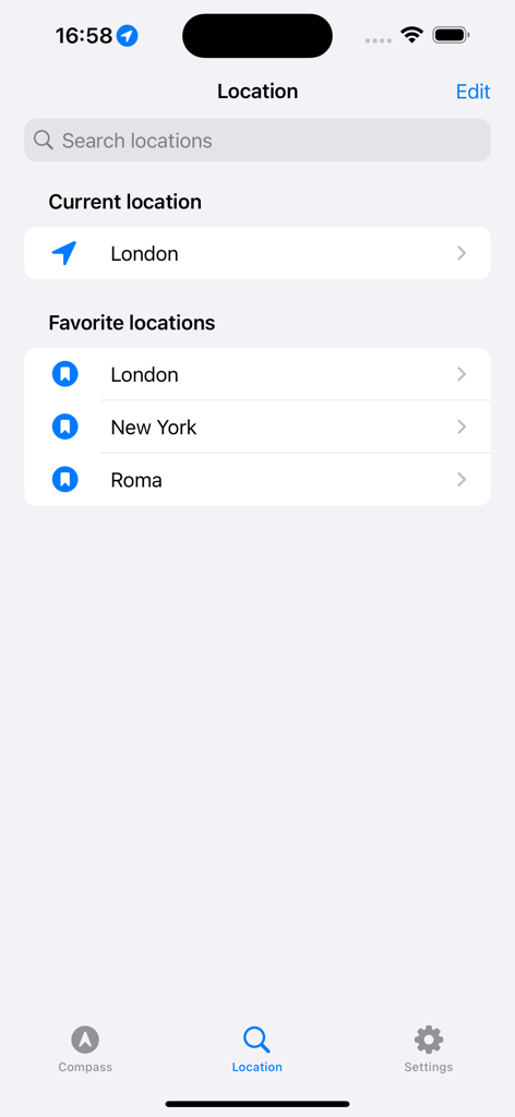 Compass Pro - Aircraft - A list of favorite saved locations including London New York and Roma within the Compass Pro Aircraft app.