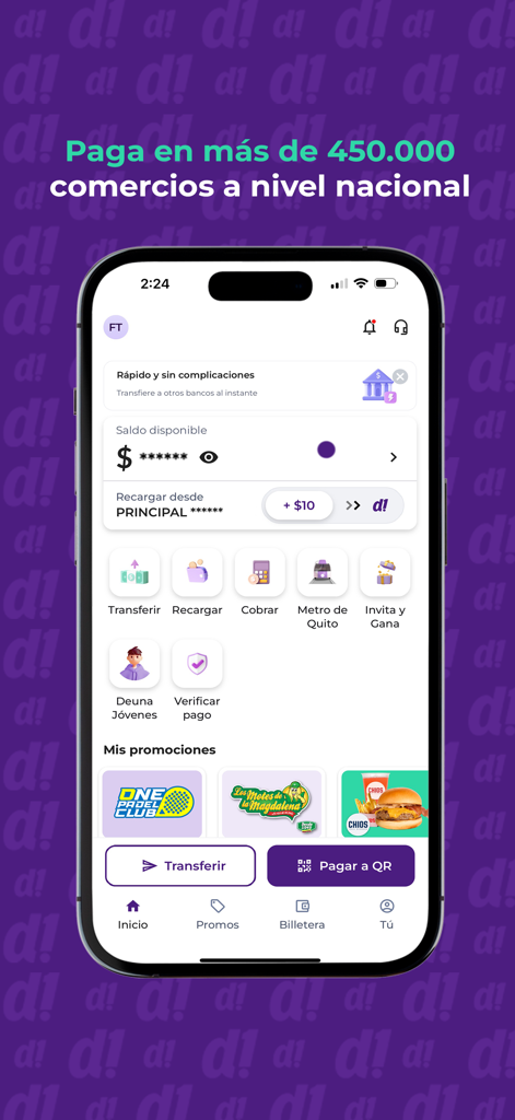 Deuna digitale Geldbörse Startbildschirm mit Banking-Funktionen und Händlerangeboten