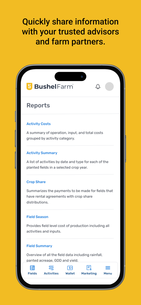 Bushel Farm - Interfaz de informes de la aplicación móvil Bushel Farm que muestra opciones de costes de actividad, reparto de cultivos y resúmenes de campos