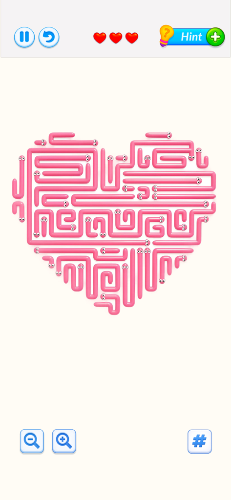 Snake Arrows Puzzles Escape - Pink snake-like arrows arranged in a heart shape within a minimalist logic puzzle game interface.
