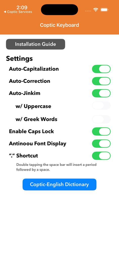 Coptic Keyboard - Settings menu of the Coptic Keyboard app featuring linguistic and keyboard configuration options