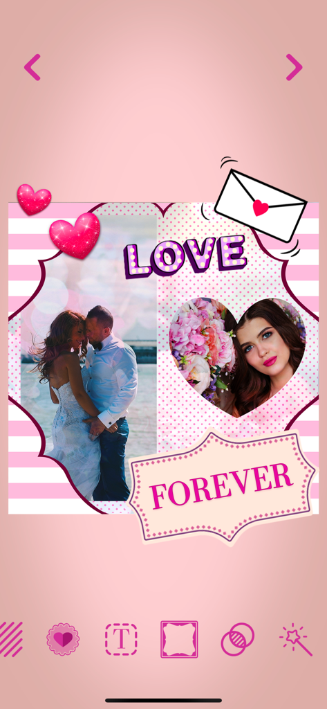 Love Pic - Photo Collage Maker - Eine pinke romantische Fotocollage mit einem Paar und dekorativen Liebes-Stickern