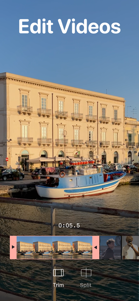 Vixer: AI Video Editor & Maker - vixer mobile app interface showing trim and split editing tools on a scenic video of a boat and building