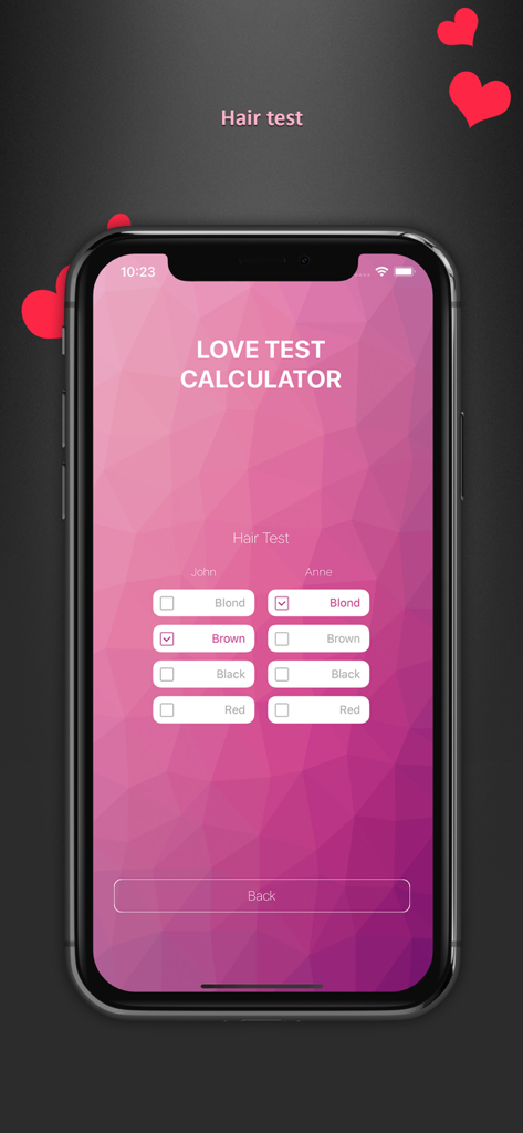 Love Calculator Prank - Aplicación Broma de Calculadora de Amor mostrando una interfaz de prueba de compatibilidad de color de cabello para dos personas