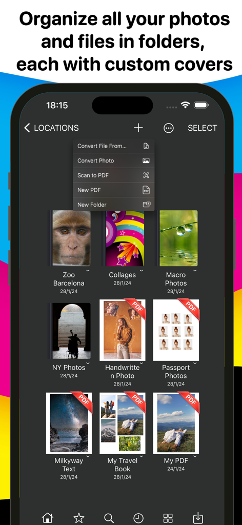 Photo Print - Collage & Resize - Tela do aplicativo do iPhone mostrando pastas de fotos organizadas e arquivos PDF com capas personalizadas.