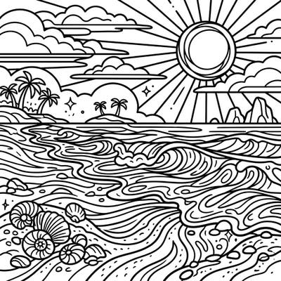 Discover the allure of a pink sand beach reimagined in a striking Pop Art style. This captivating coloring page invites you to bring the vibrant ocean, sunny skies, and unique seashells to life with your favorite hues.
