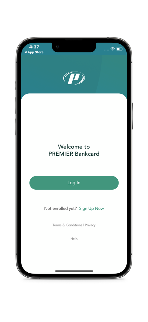 Login screen for the PREMIER Credit Card mobile app featuring log in and sign up options