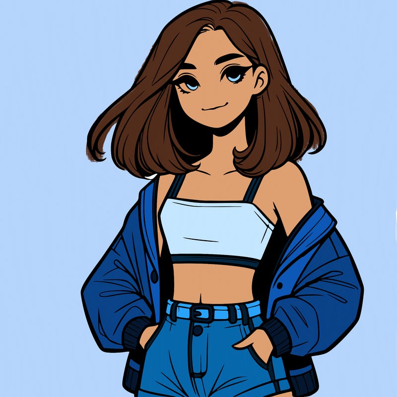 a realistic girl with a crop top and short shorts in an open jacket