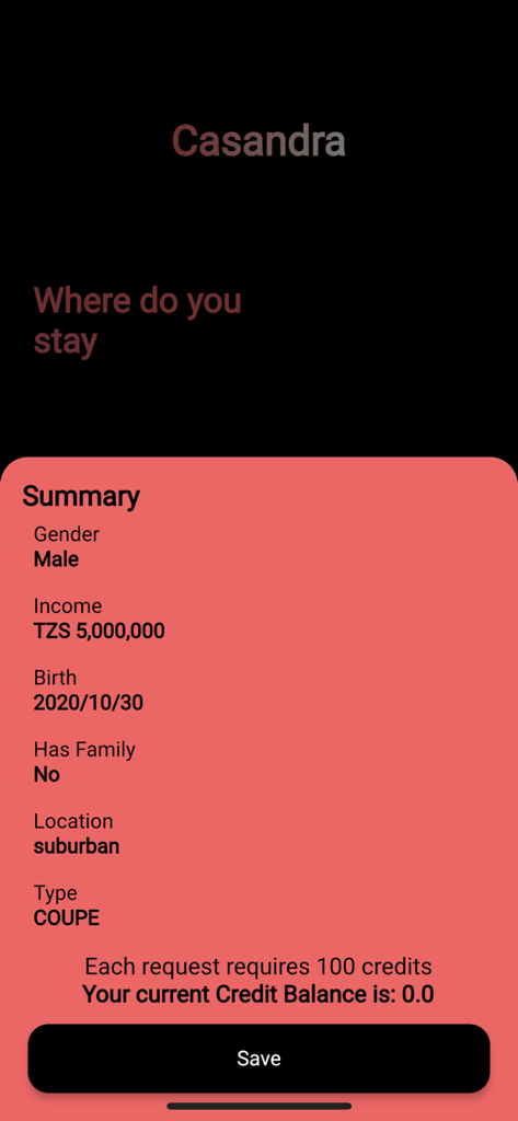 Casandra - Interface de résumé utilisateur dans l'application Casandra montrant les détails du profil et les préférences de voiture pour les recommandations.
