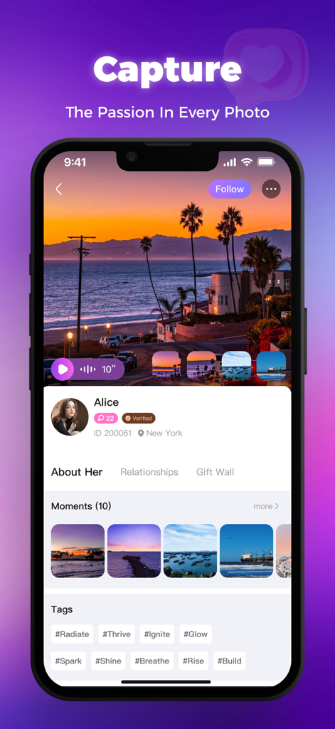UCOO-Real-Time Voice - UCOO app interface showing a user profile with photo life logs and interest tags