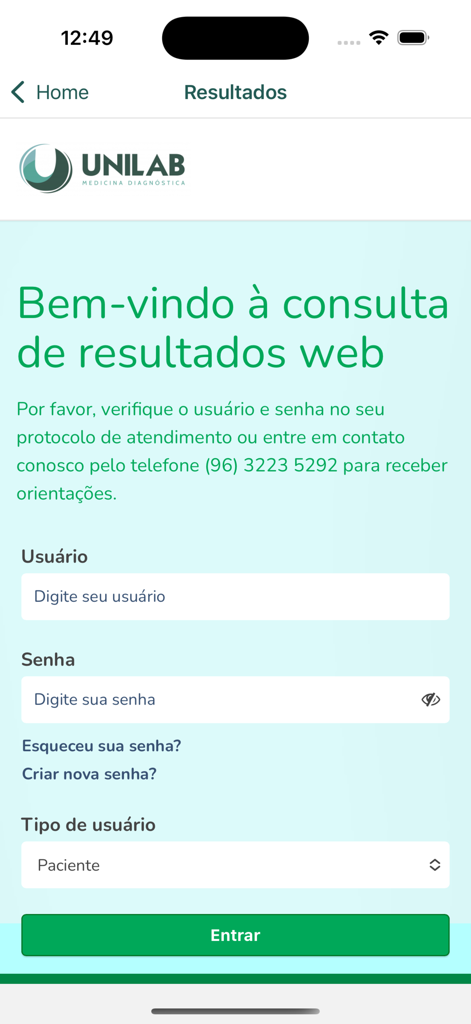 Unilab App - Écran de connexion au portail des résultats de laboratoire de l'application Unilab avec des champs pour le nom d'utilisateur et le mot de passe