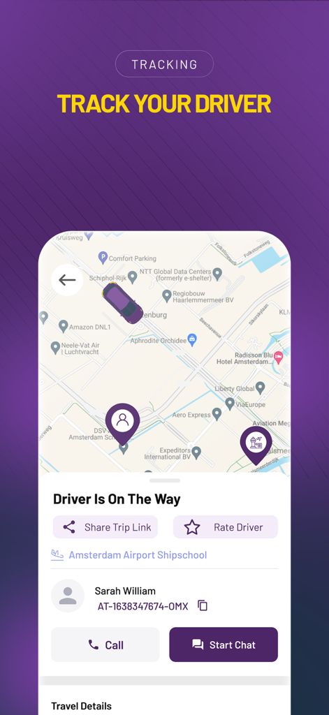 AirportTransfer.com - 地図上のリアルタイムドライバー追跡と、電話やチャットなどの連絡オプションを示すモバイルアプリインターフェース