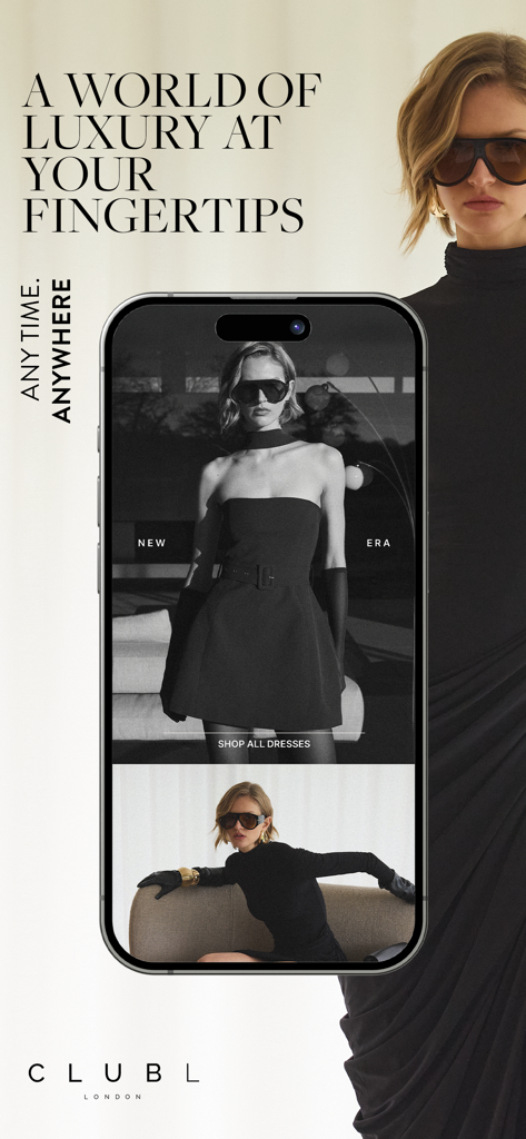 Interface do aplicativo de moda Club L London exibindo vestidos pretos de luxo e modelos de moda glamorosas