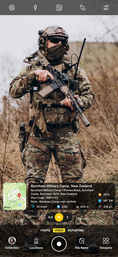Screenshot of GPS Map Camera app showing a person in military gear with a location and data stamp overlay