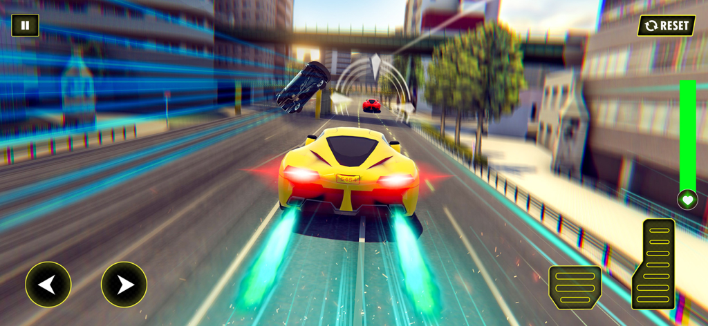 Police Car Chase Escape Game - Un coche de policía amarillo usa el potenciador de nitro durante una persecución a alta velocidad en un entorno urbano.