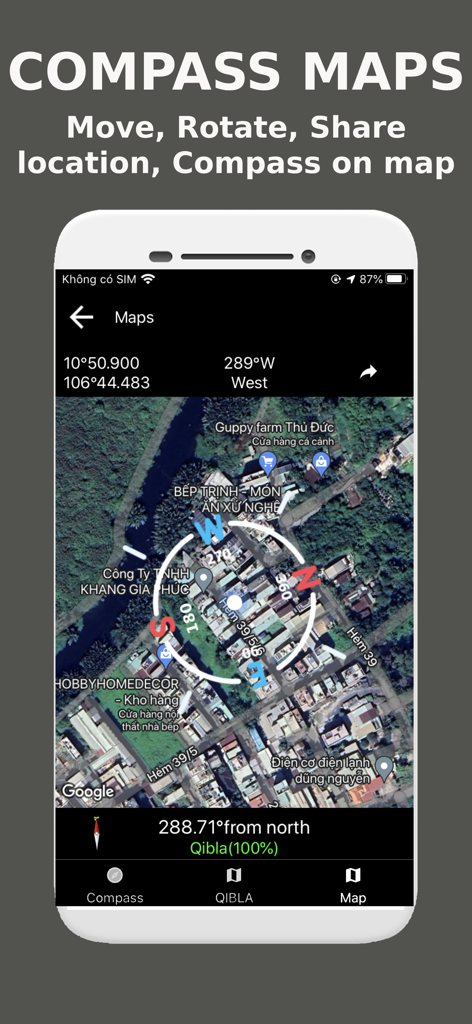 Location Maps - Measure Map - Superposición de brújula digital en un mapa satelital que muestra coordenadas GPS y rumbo.