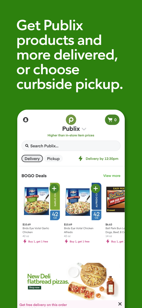 Publix app interface displaying BOGO grocery deals and delivery or curbside pickup options